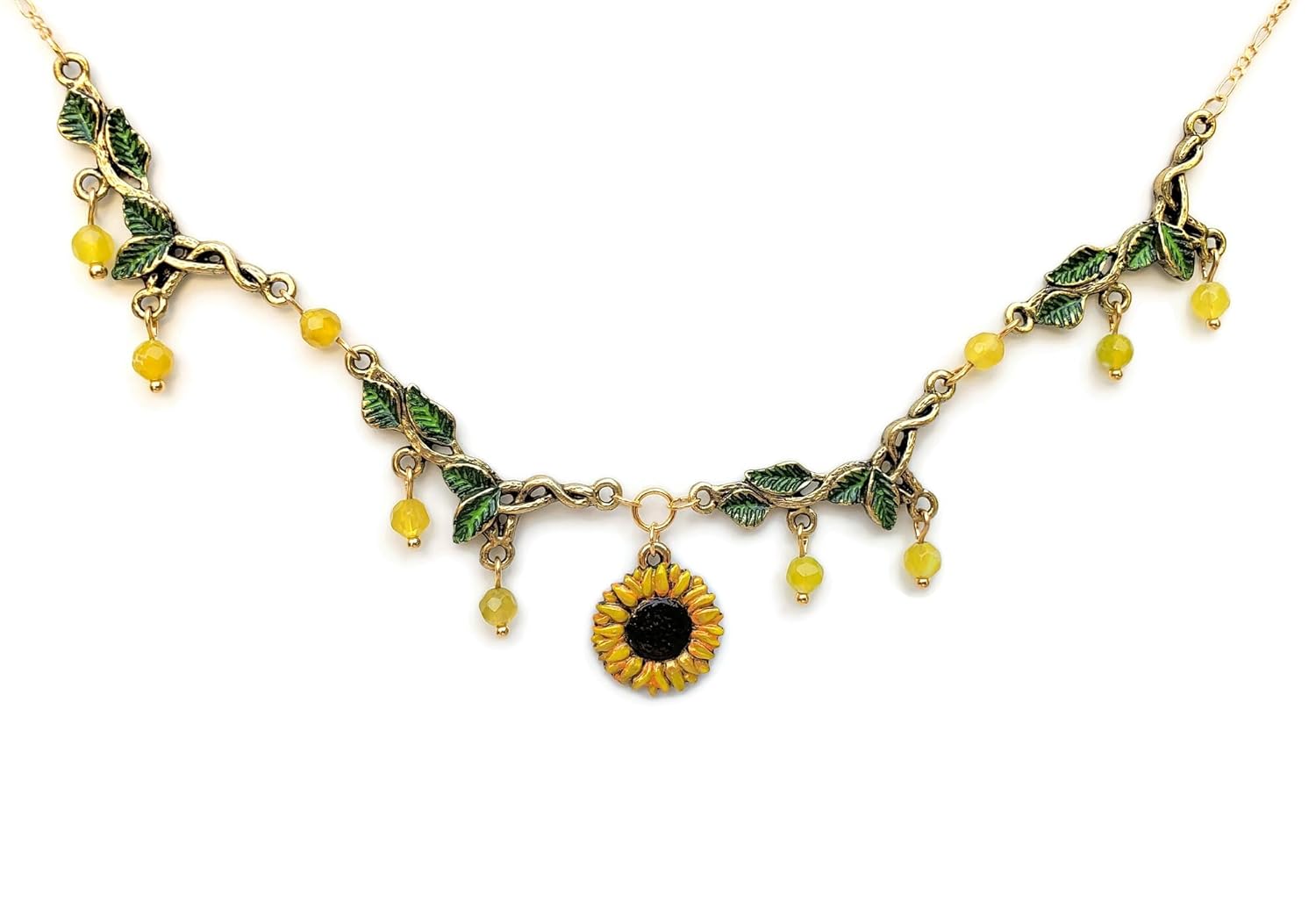 Green Leaf and Sunflower Necklace wAgate Bead Dangle – Hand Painted Sunny, Golden Yellow Flower and Leafy Green Necklace – Nature Colors Jewelry