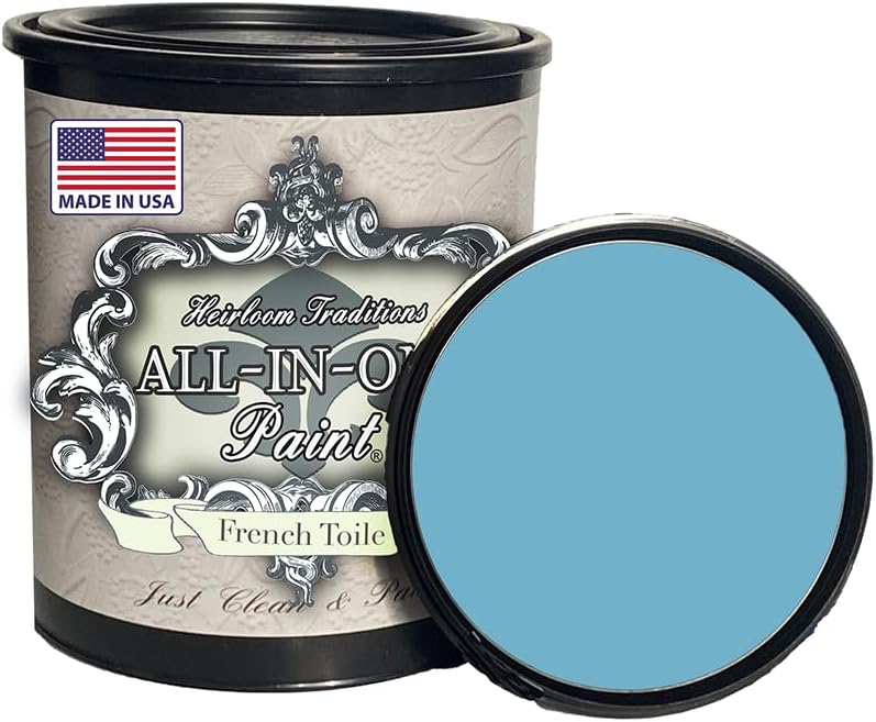 Pintura todo en uno, toile francés (azul cálido), cuarto de galón de 32 onzas. Pintura duradera para gabinetes y muebles. Imprimación y capa