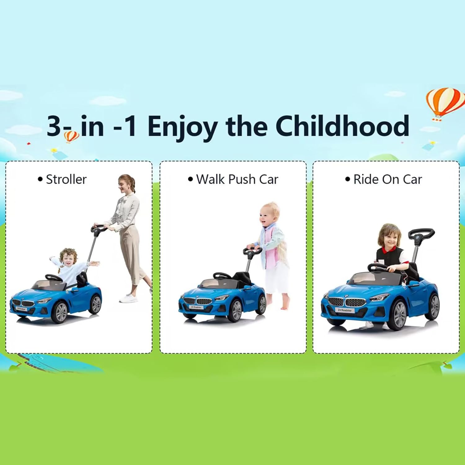 Automóvil de empuje para niños de 1 a 5 años, auto de empuje BMW Z4 con licencia con varilla de empuje ajustable, música de bocina, rueda