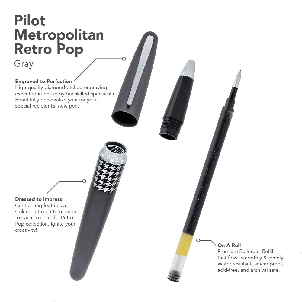 PILOT Bolígrafo Metropolitan Retro Pop con grabado – Personalizado con tu nombre (gris)
