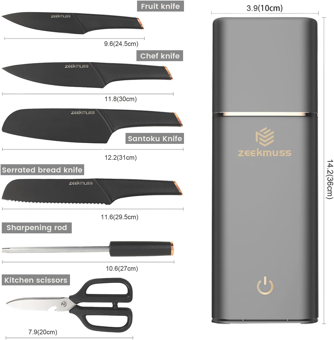 ZEEKMUSS Juego de cuchillos para cocina con bloque, juego de cuchillos de bloque de acero inoxidable de 6 piezas con afilador, tijeras de cocina,