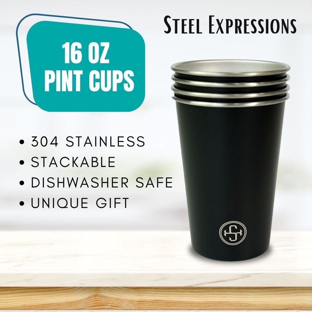 Steel Expressions – Vasos de acero inoxidable de 16 onzas, apilables y duraderos, para campamento, reutilizables y aptos para lavavajillas, juego de