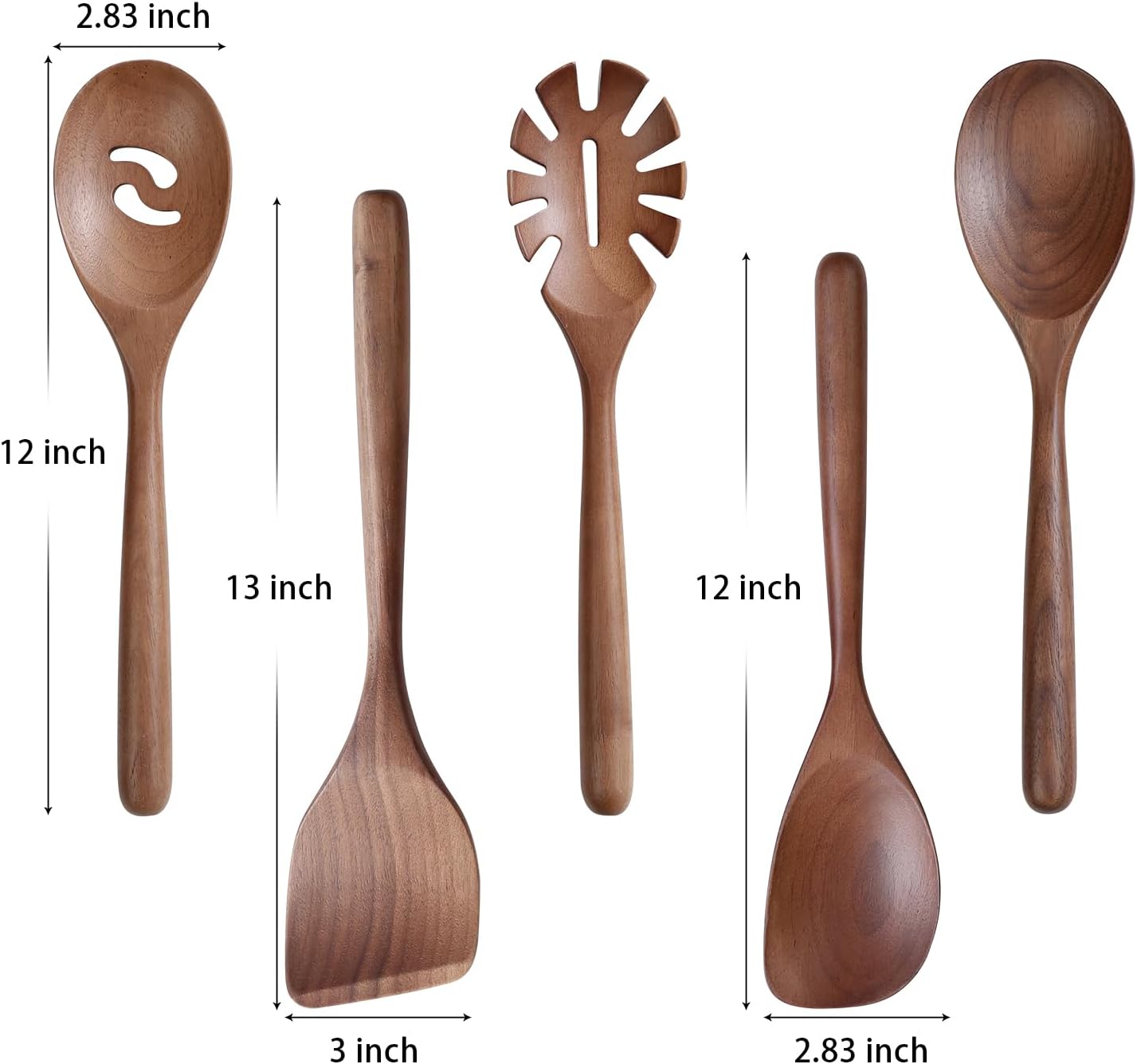 Cucharas de madera para cocinar, 5 utensilios de cocina de madera de nogal, cuchara de madera de 13 pulgadas, espátula de cocina, colador de madera,