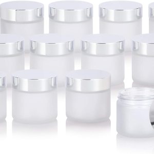 Tarro recto de vidrio transparente esmerilado de 2 onzas con tapa de metal plateado (paquete de 12) Tarro recto de vidrio transparente esmerilado de 2 onzas con tapa de metal plateado (paquete de 12)