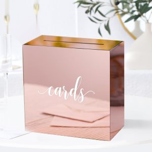 UNIQOOO Caja de tarjetas de boda de acrílico con espejo de oro rosa metálico con ranura, grande de 10 x 10 x 5.5 pulgadas con impresión blanca UNIQOOO Caja de tarjetas de boda de acrílico con espejo de oro rosa metálico con ranura, grande de 10 x 10 x 5.5 pulgadas con impresión blanca
