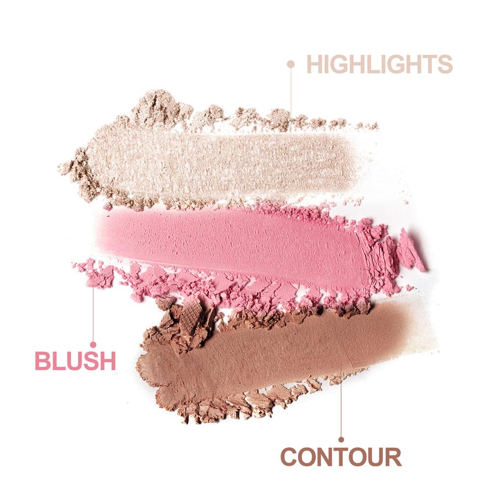 Paleta de rubor e iluminador, paleta de contorno 3 en 1, polvo bronceador mate libre de crueldad, resaltador perlado iluminador para mujer, juego de