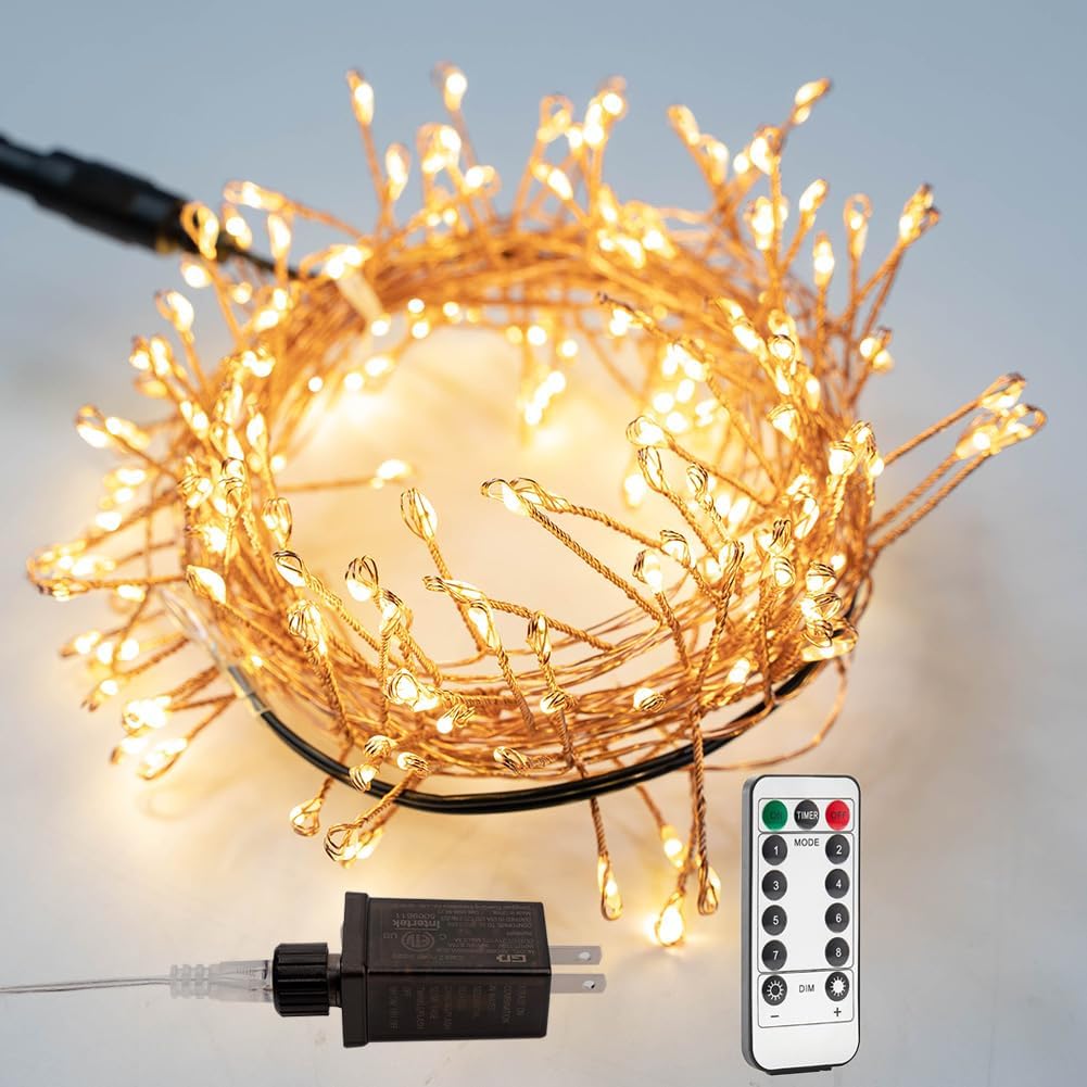 Luces de petardo enchufables de 10 pies de alambre de cobre blanco cálido para interiores con temporizador remoto para dormitorio, sala de estar,