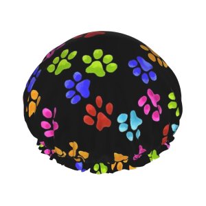 Gorro de ducha reutilizable con estampado de patas de perro para mujer, pelo largo, doble capa impermeable, gorro de ducha para niños, niñas y Gorro de ducha reutilizable con estampado de patas de perro para mujer, pelo largo, doble capa impermeable, gorro de ducha para niños, niñas y