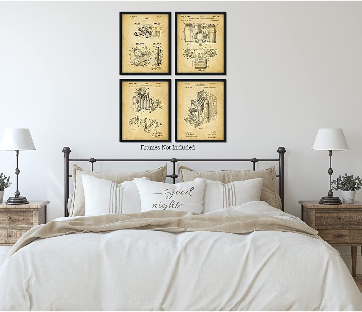 Govivo Patente de cámara antigua un conjunto de cuatro patentes de equipos de fotografía para decoración de pared impresiones con fondos sepia,