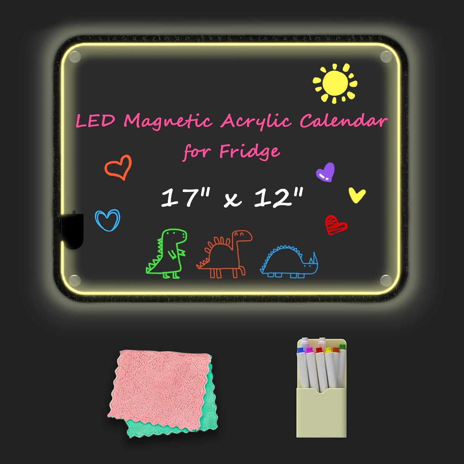 Calendario acrílico LED para refrigerador, pizarra magnética de borrado en seco de 17 x 12 pulgadas para refrigerador, calendario transparente,