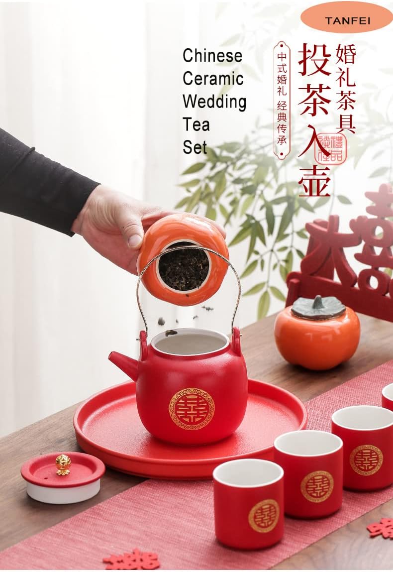 Juego de té de boda rojo de porcelana de doble felicidad, juego de té de boda de diseño de caqui, suministros de decoración de boda tradicionales