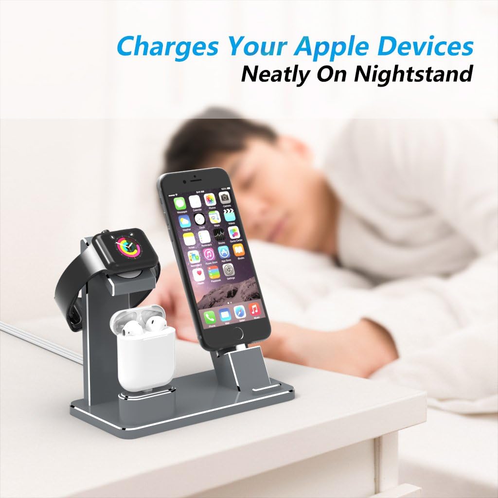 Estación de carga para Apple Watch Phone Airpods – XUNMEJ 3 en 1 de aluminio para iPhone Series 987, AirPods iPhone Series (gris)