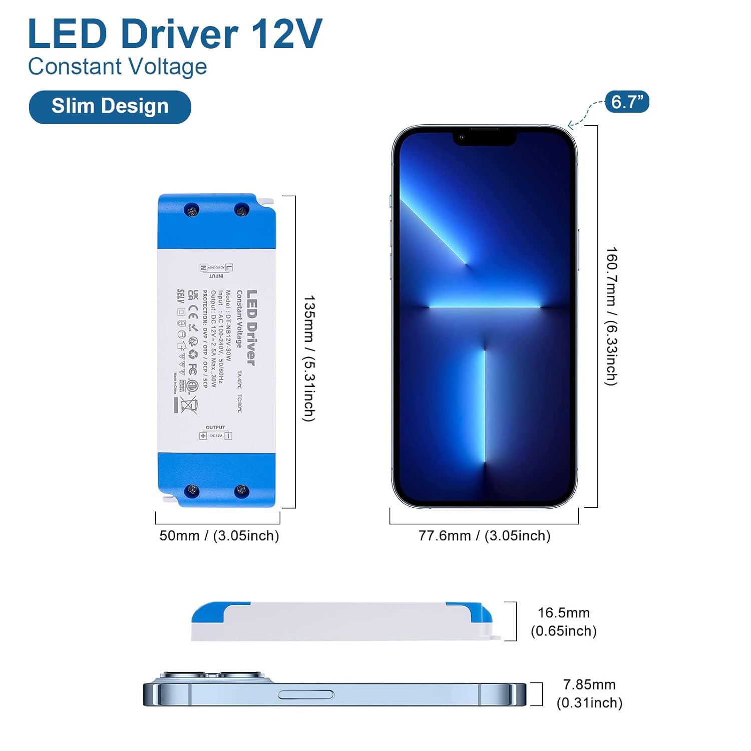 Controlador LED 12V Fuente de alimentación 30W, CA 110V 120V a 12V Transformador CC de bajo voltaje 2.5A, adaptador ultra delgado para voltaje