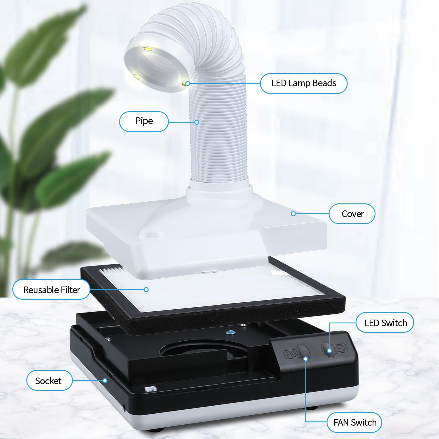 LVCHEN Colector de polvo de pulido dental – Extractor de polvo de 60 W, potente succión de polvo de vacío de uñas con ventilador y LED de doble