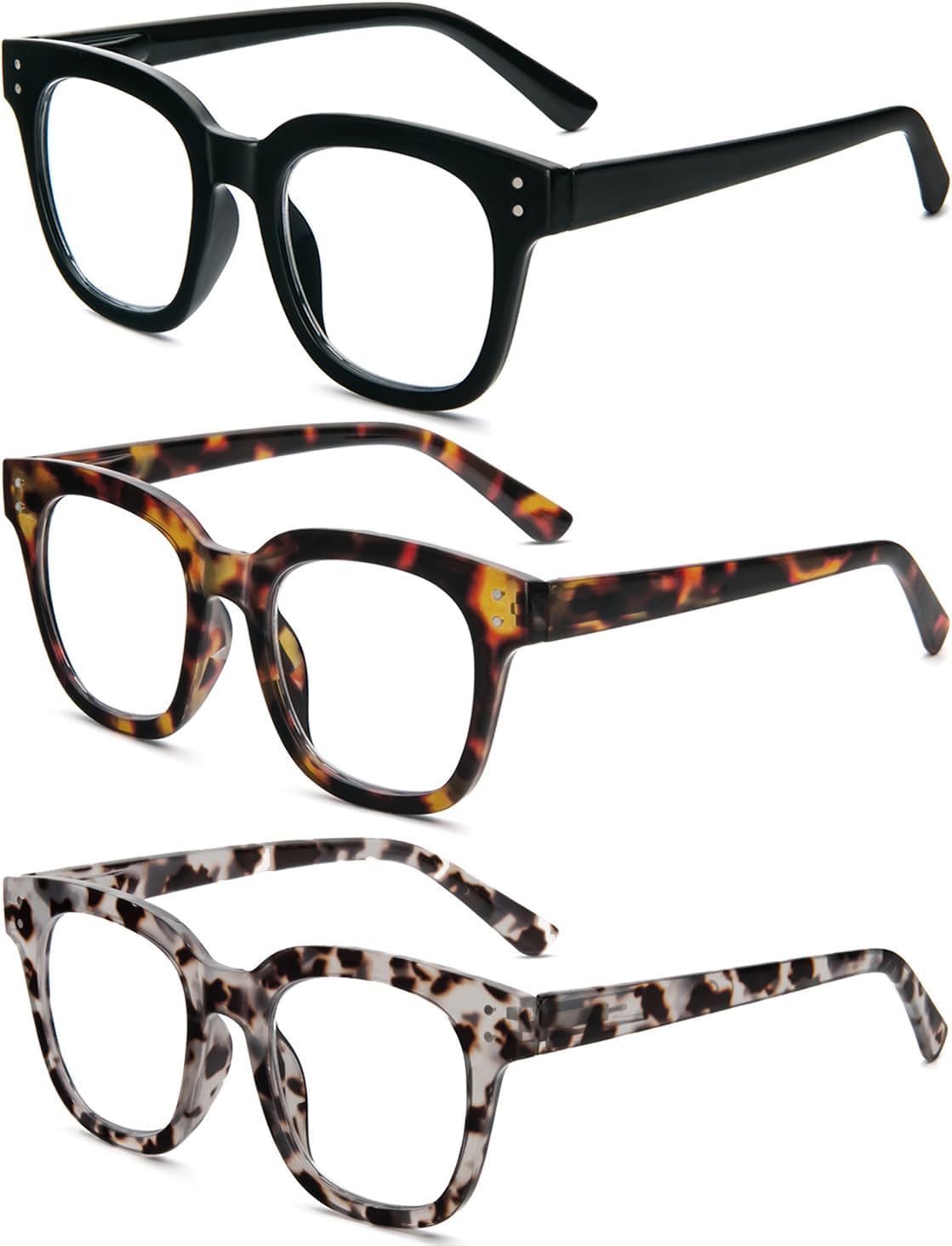 REAVEE Paquete de 3 lentes de lectura retro de gran tamaño para mujer, bloqueo de luz azul, lindos, cuadrados, para lectura de computadora, bisagra