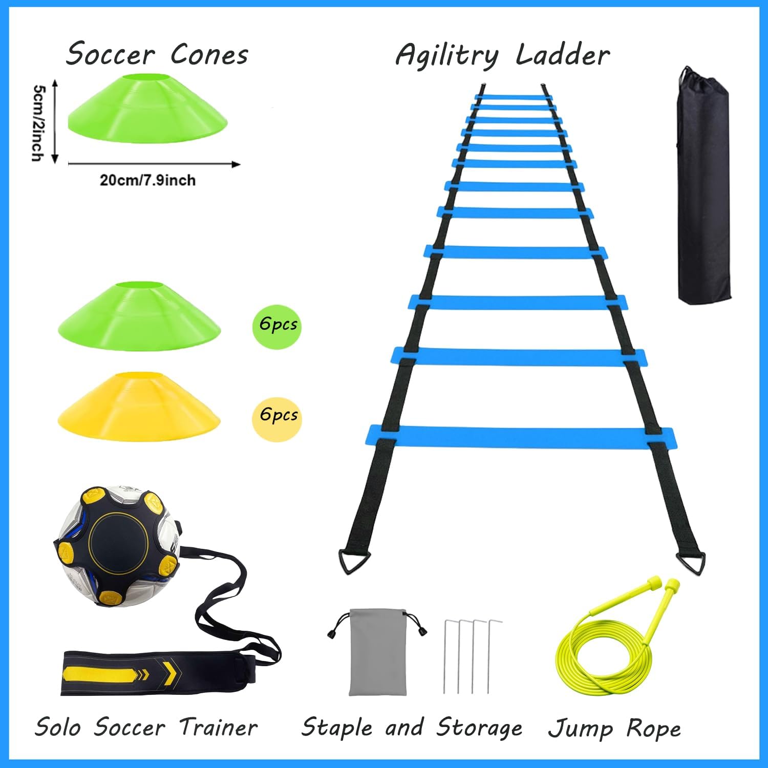Juego de equipos de entrenamiento de agilidad de fútbol, accesorios de fútbol de 12 peldaños y 20 pies, 12 conos de disco, entrenador de fútbol