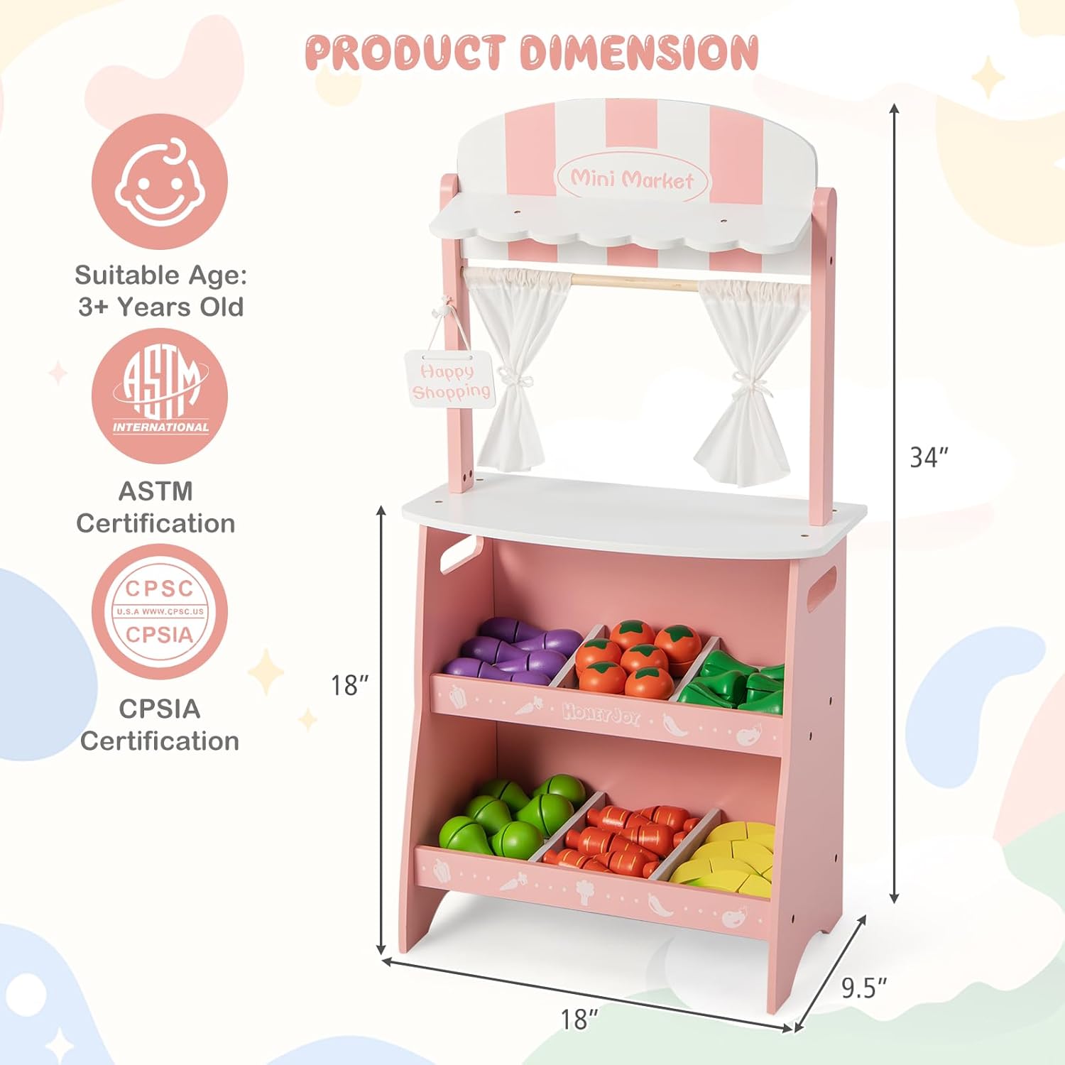 HONEY JOY Juego de tienda de comestibles para niños, soporte de madera para frutas con 36 accesorios para cortar alimentos y verduras, tienda de