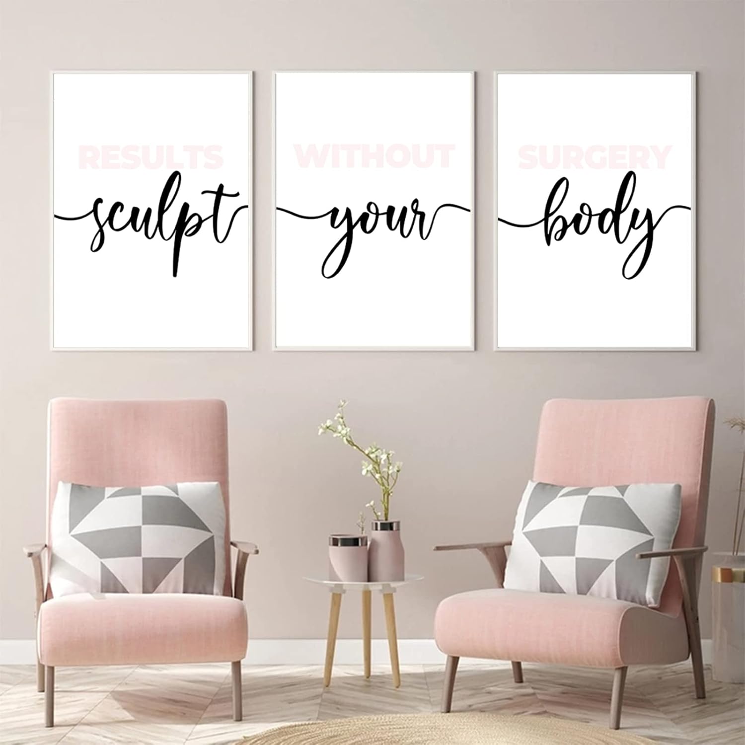 Juego de 3 arte de pared de spa, color rosa rubor, esculpir el cuerpo, decoración de pared, imágenes de salón de spa, arte de pared y arte de pared