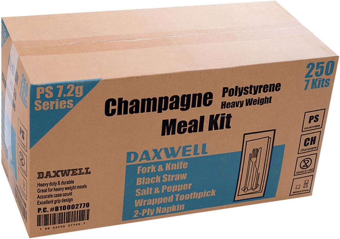 Daxwell Kits de cubiertos de plástico, poliestireno extra pesado (PS), tenedor, cuchillo, sal, pimienta, palillo de dientes, pajilla, servilleta,
