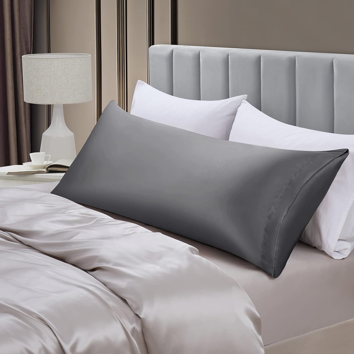 Juego de 2 fundas de almohada de satén para el cuerpo, 20 x 54 pulgadas, color gris oscuro, fundas de almohada corporal para adultos, suaves y