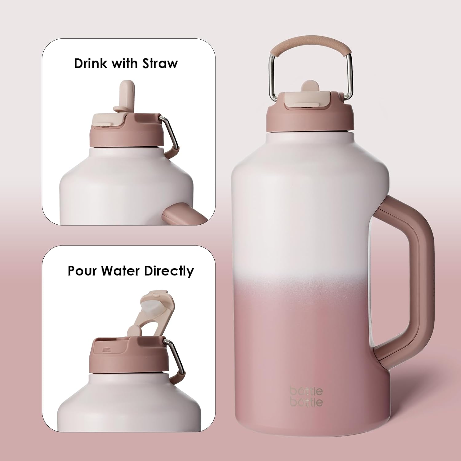 BOTTLE BOTTLE Botella de agua aislada de 64 onzas con popote y tapa de doble uso, botella de agua deportiva de acero inoxidable con asa al vacío de