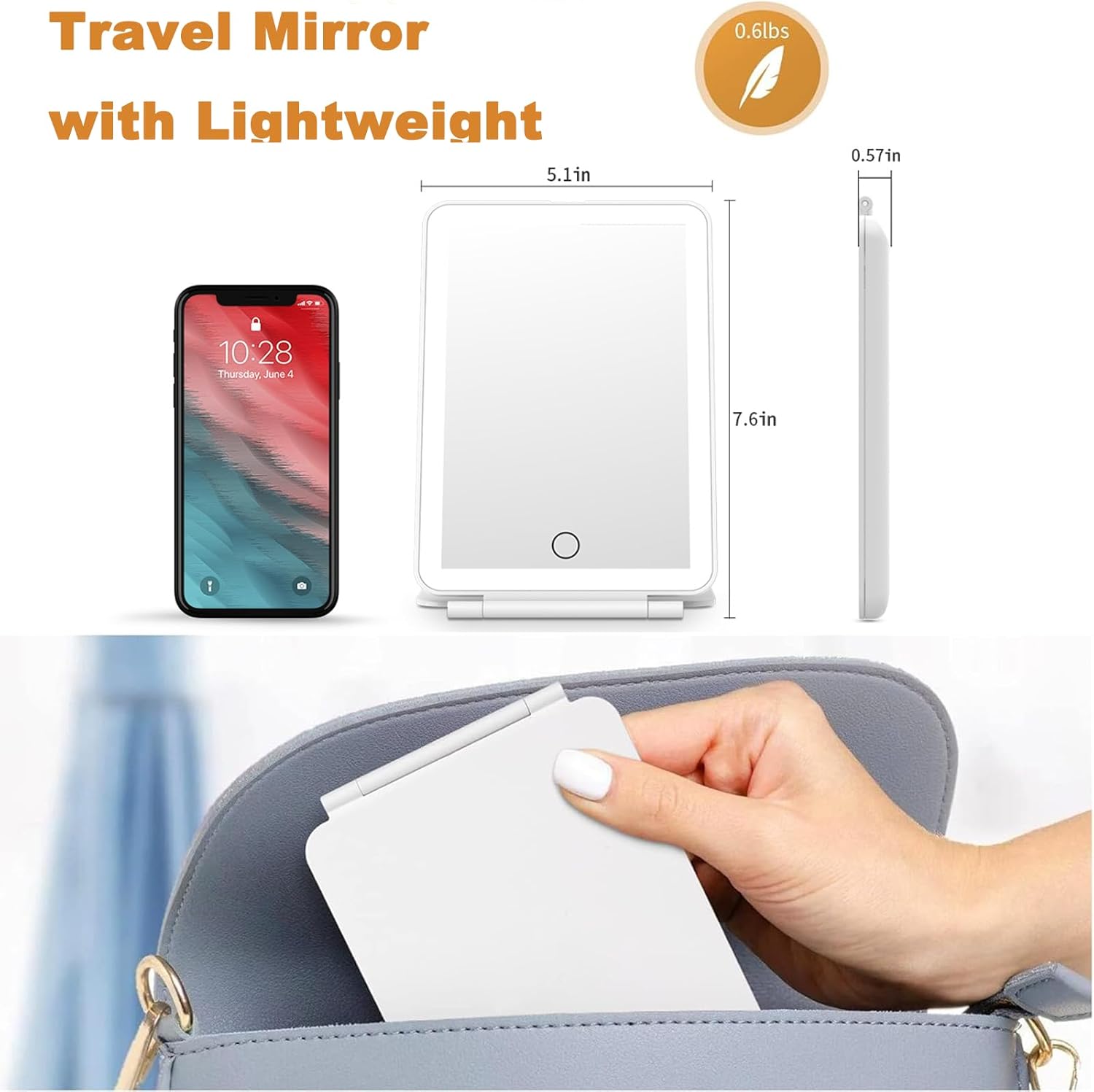 BessAnty Espejo de maquillaje de viaje recargable con luz, espejo de tocador con iluminación de 3 colores, espejo de maquillaje portátil ultra