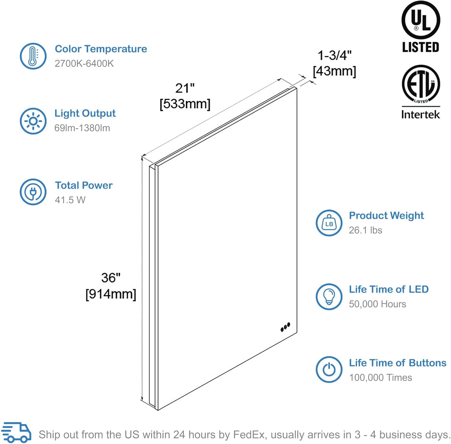 Espejo de baño LED de 21 x 36 pulgadas con antiniebla, atenuador, temperatura de color ajustable, espejo LED inteligente para baño (21 pulgadas,