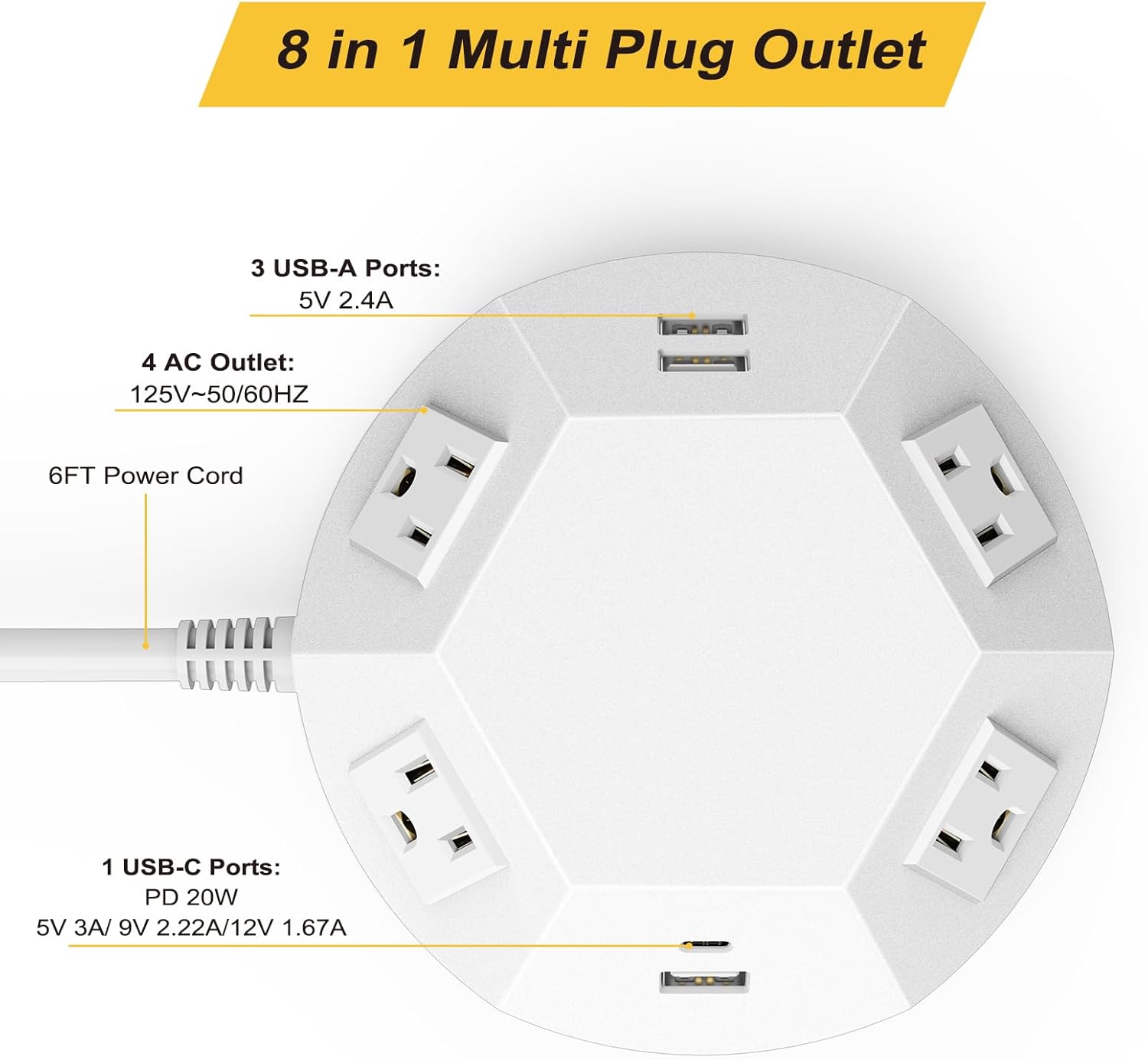 Torre de regleta con puertos USB C PD de 20 W, protector de sobretensiones con 4 tomas de corriente y 4 puertos USB, cable de extensión de 6.56