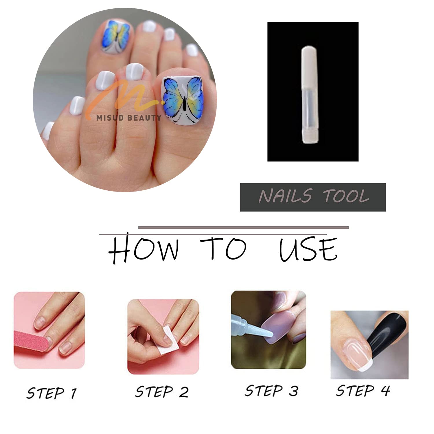 MISUD Uñas postizas brillantes a presión, pegamento blanco en las uñas de los pies de los pies, mariposa azul, uñas acrílicas de gel en uñas