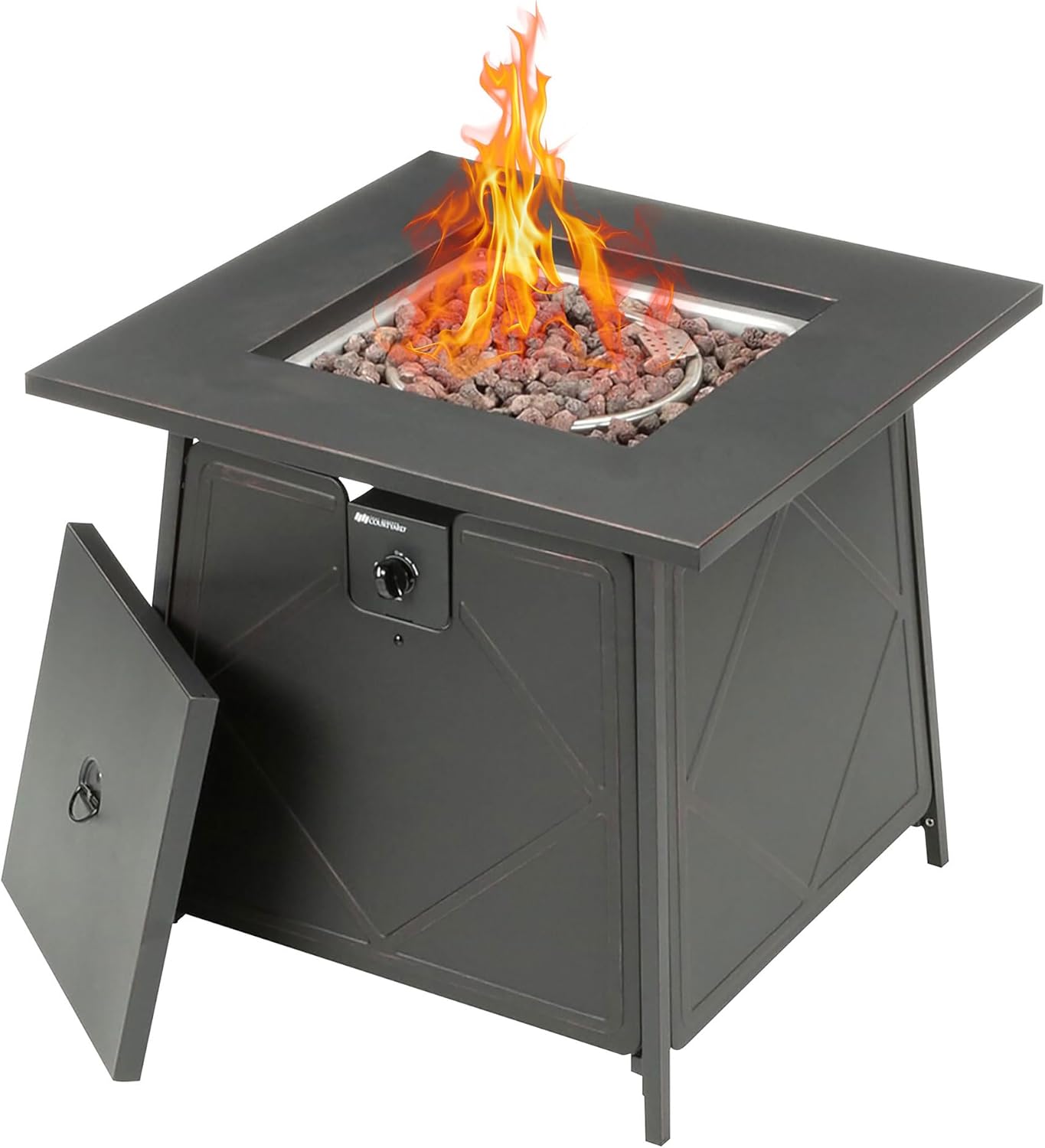 Four Seasons Courtyard Dual Heat – Fogata cuadrada de acero de 28 pulgadas para exteriores, con rocas de lava y tapa de acero, color negro