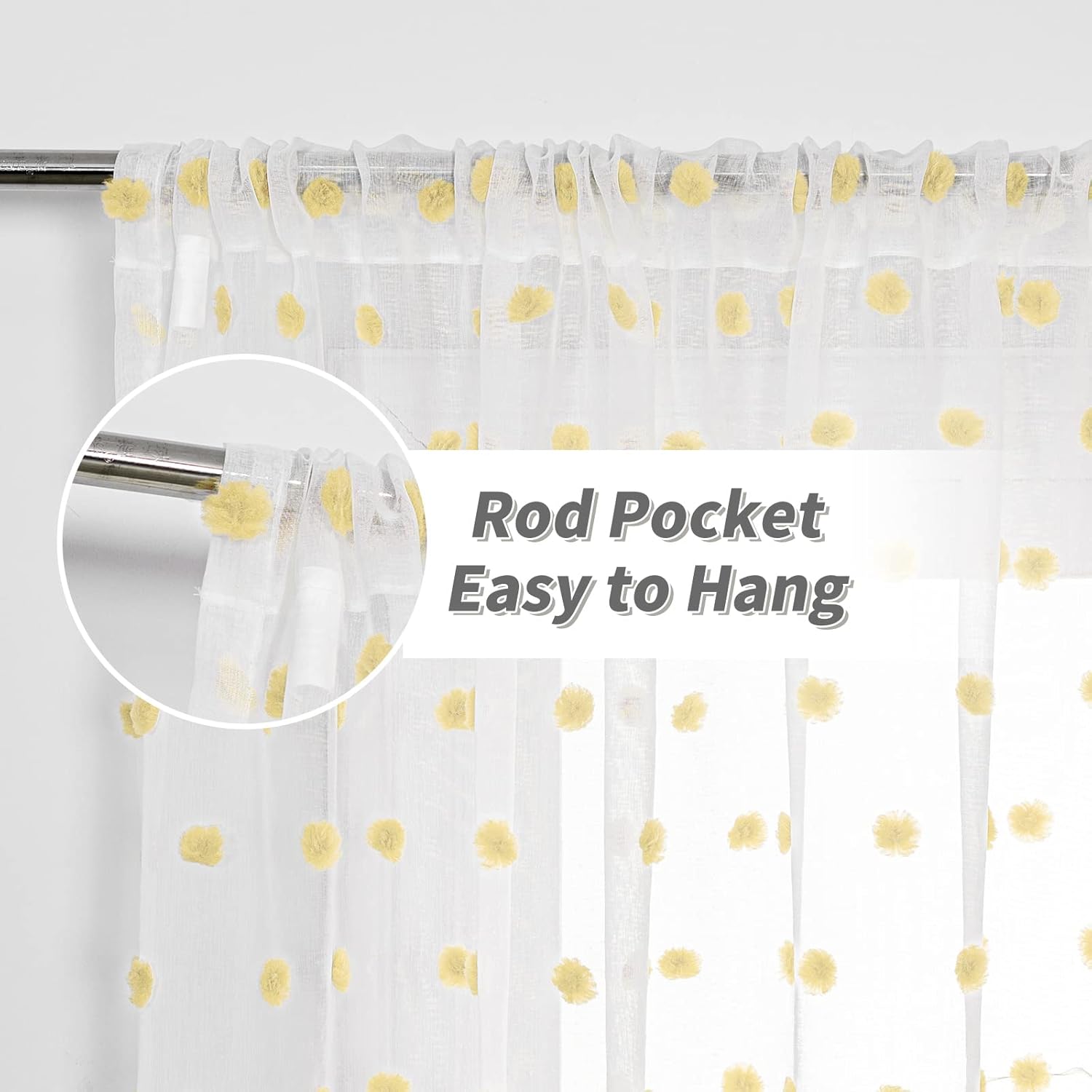 MYSKY HOME Cortinas para dormitorio, cortinas con pompones amarillos para sala de estar, 72 pulgadas de largo, cortinas traslúcidas blancas para