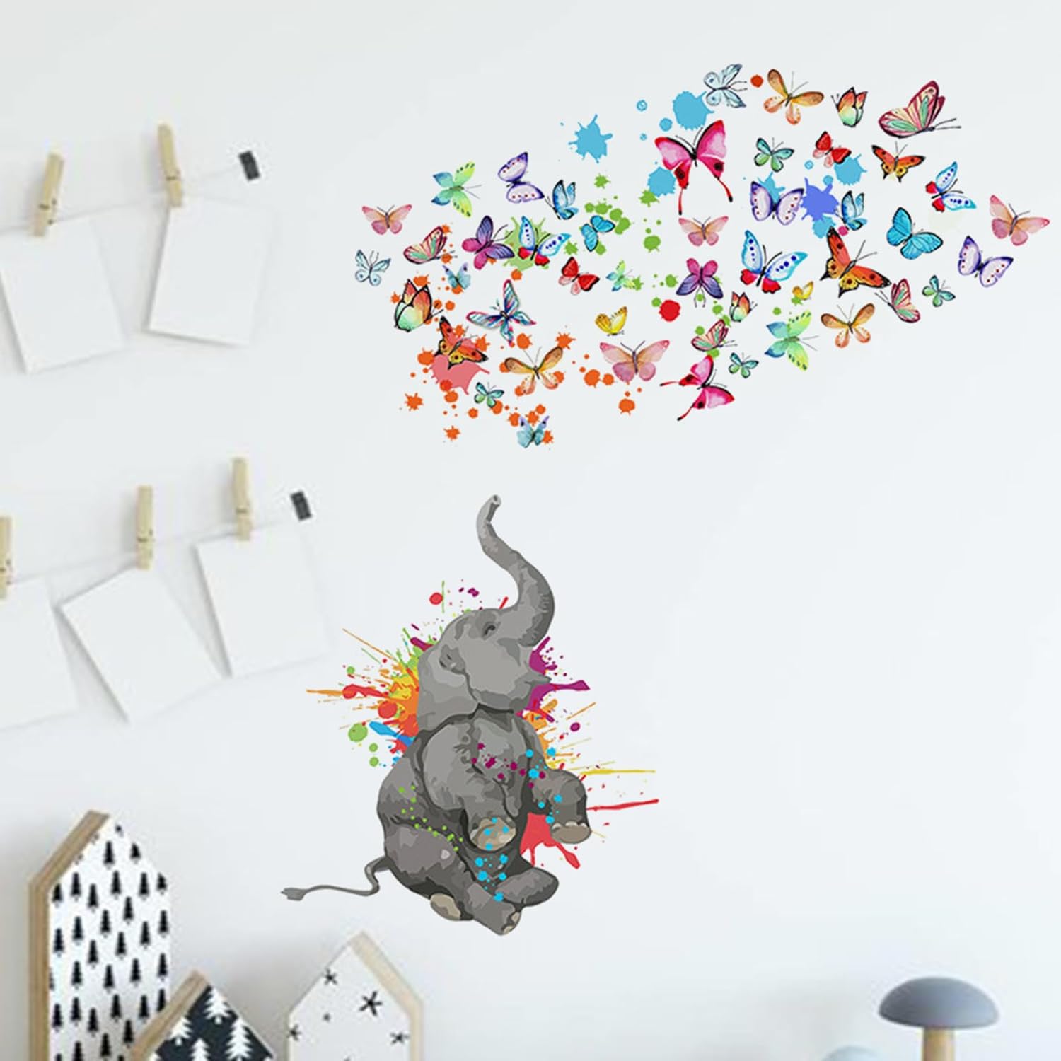 ACEZIYAN Pegatinas de elefante pintado de dibujos animados Pegatinas de pared de mariposa Pegatina de pared colorida Decoración del hogar Sin