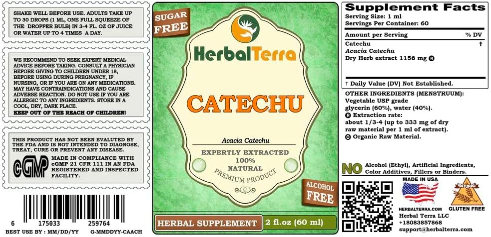 Catechu (Acacia Catechu) Glicerita, extracto líquido sin alcohol de hierbas secas 2 oz