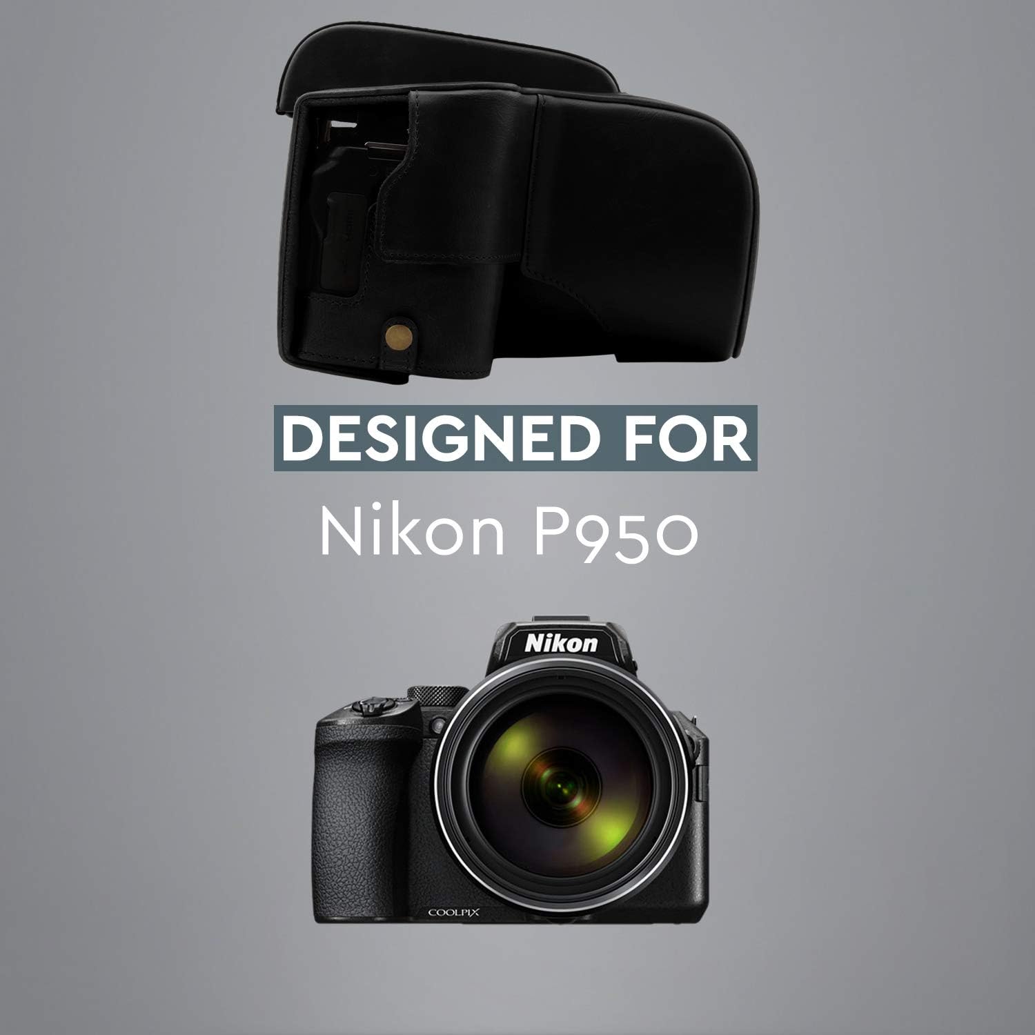 MegaGear Ever Ready – Funda de piel compatible con Nikon Coolpix P950, color negro (MG1877)