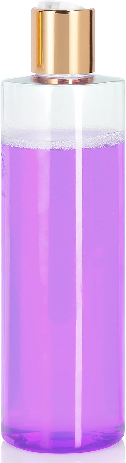JUVITUS Botellas de plástico PET cilíndricas profesionales transparentes de 12 oz (12.0 fl oz, sin BPA) (paquete de 6, tapa de disco dorada)