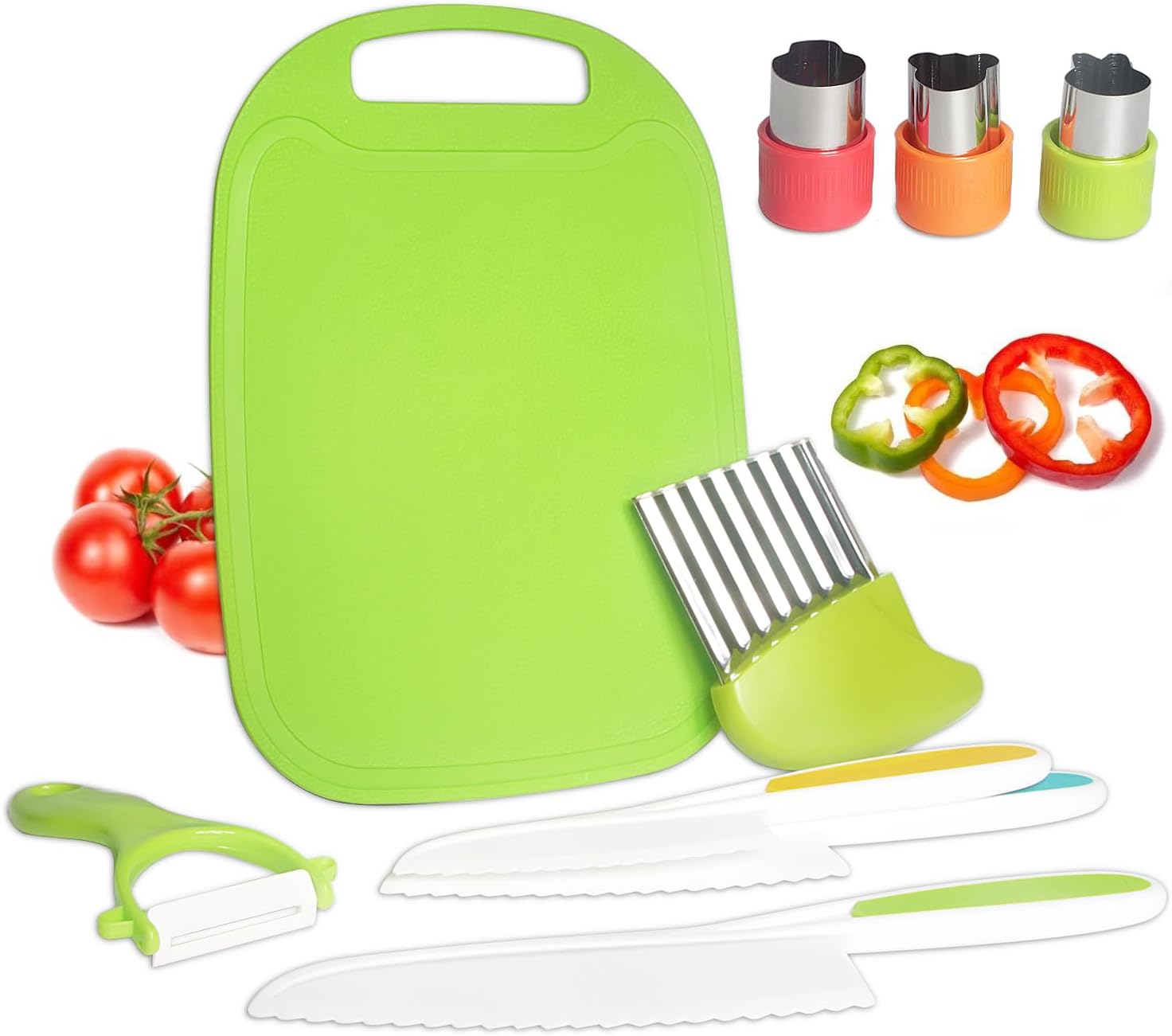 Tellshun Juego de cuchillos de cocina para niños de 9 piezas, cuchillos para cocina real con tabla de cortar y pelador, cortador de sándwich, bordes