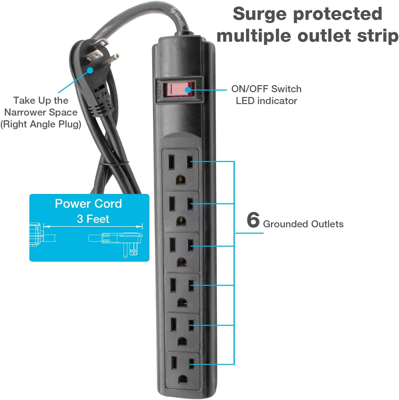 STEREN Tira protectora de sobretensiones de plástico, 6 salidas, cable de 3 pies, enchufe de ángulo recto, 240 julios, negro 905-132