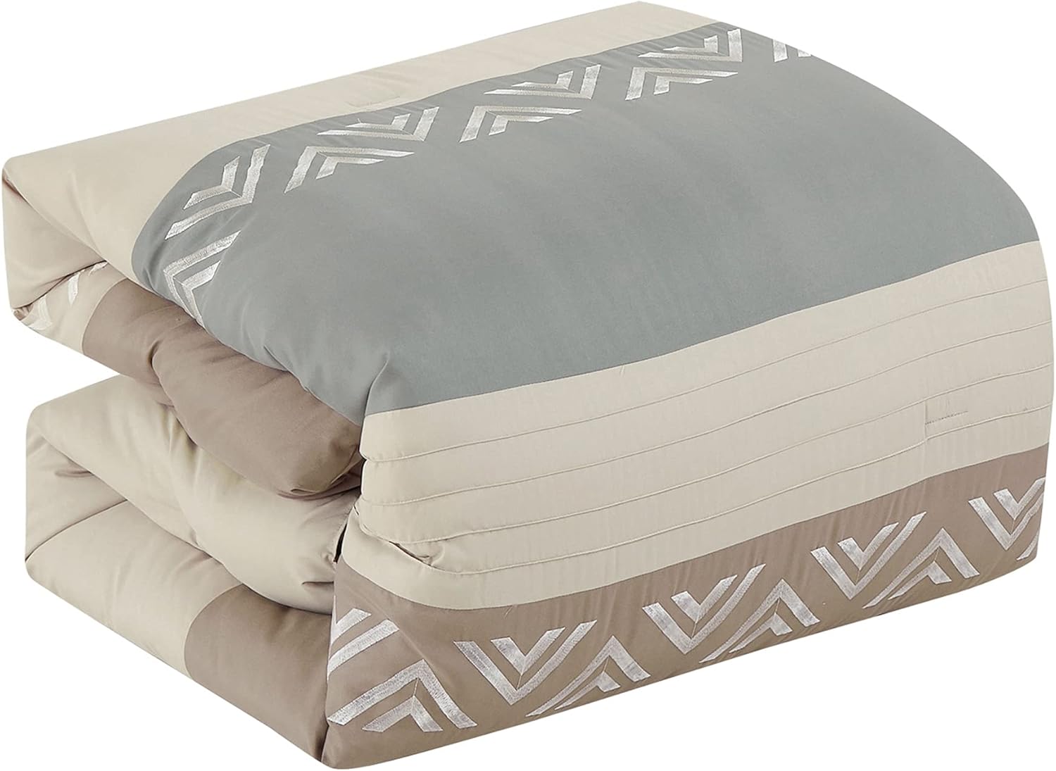 HIG Juego de edredón bordado de 7 piezas gris topo y gris con patrón geométrico de cheurón, juego de cama moderno de retazos, cama para todas las