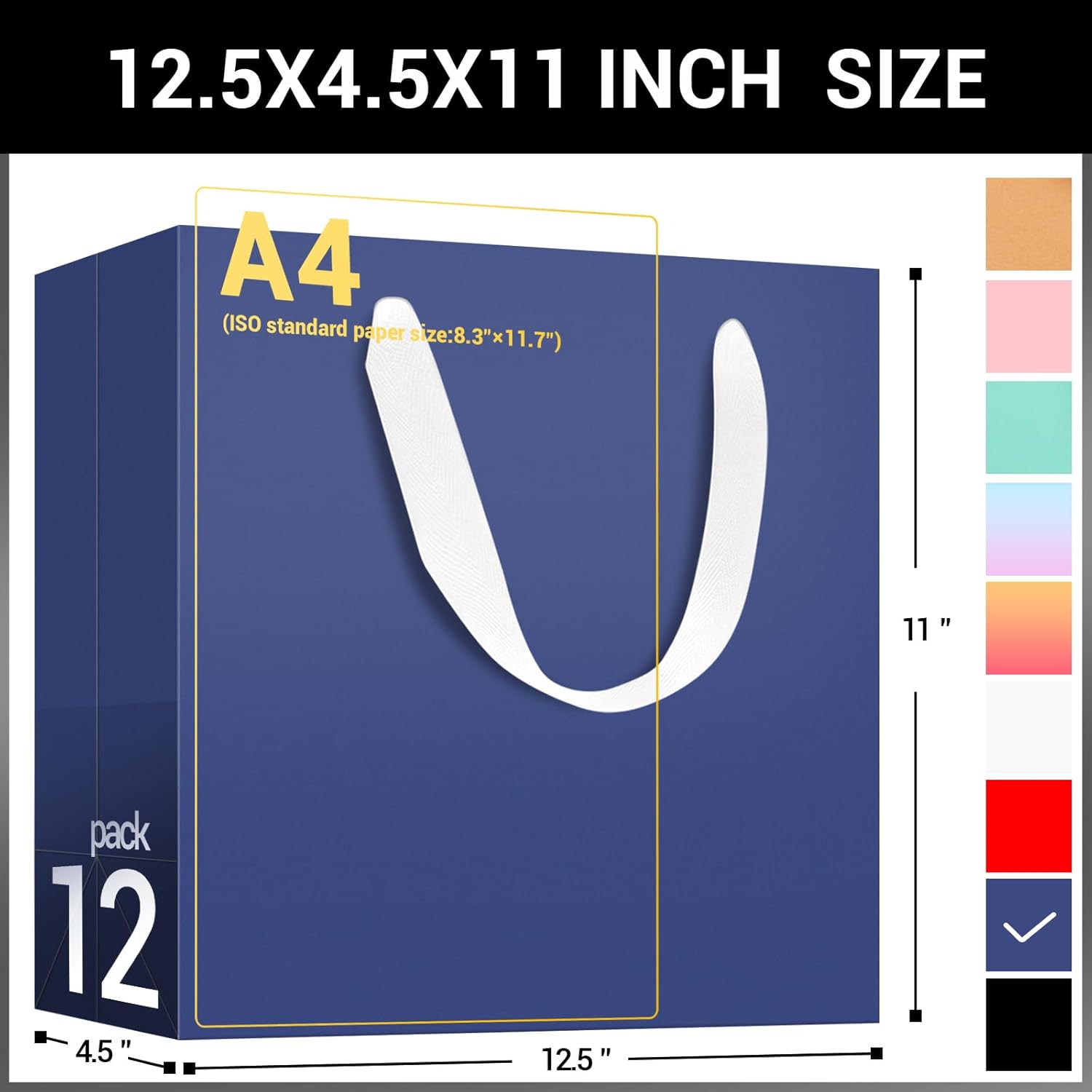 EUSOAR Bolsas de regalo azules a granel, paquete de 12 unidades de papel kraft de 12.5 x 4.5 x 11 pulgadas con asas, envoltura al por menor para