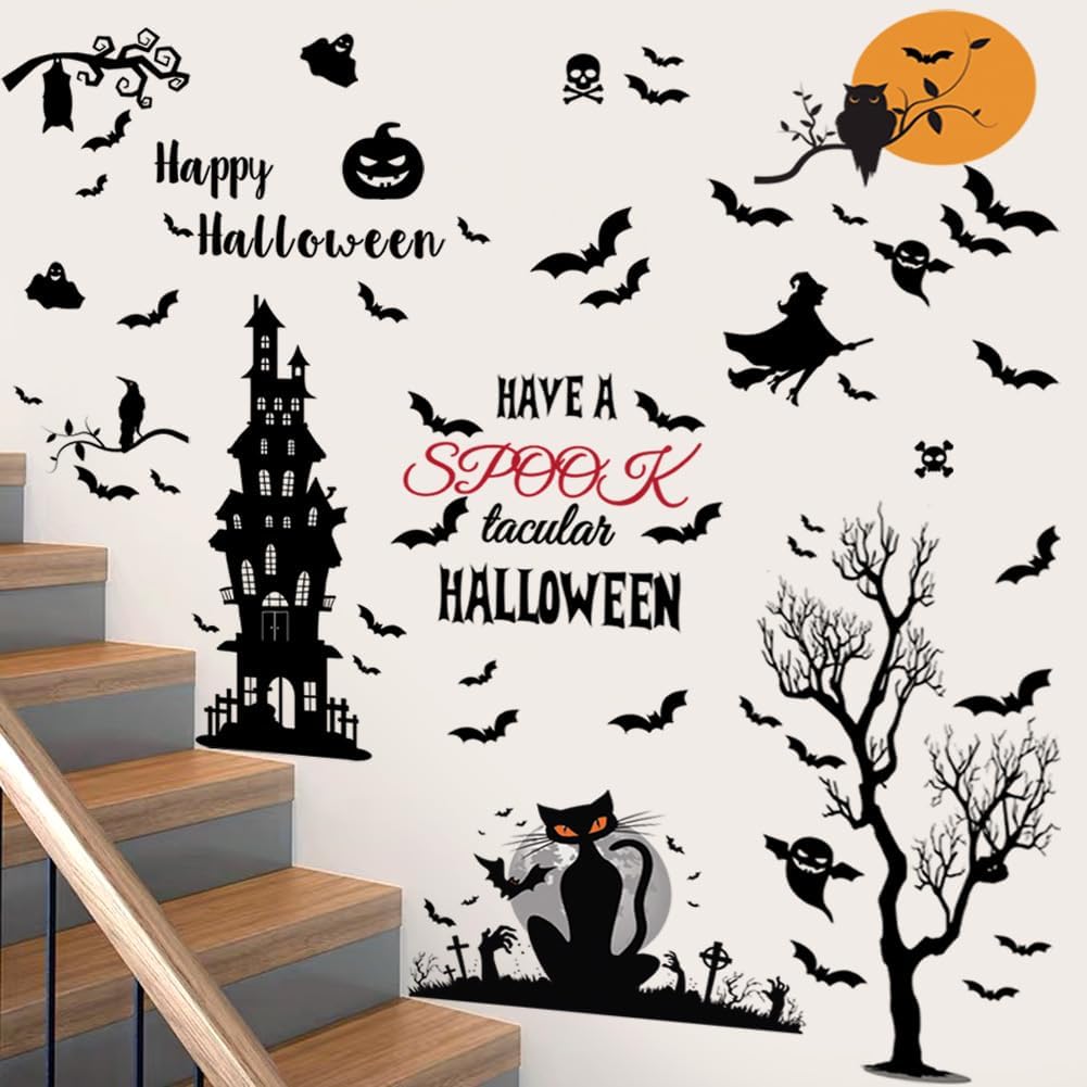 Calcomanías de pared de Halloween, decoración de pared de murciélagos, castillo antiguo, decoración de pared de Halloween para ventana, hogar,