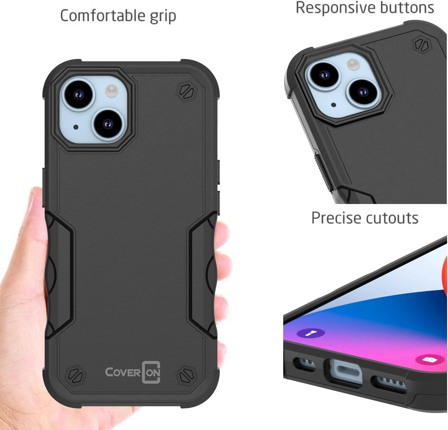 CoverON Funda resistente diseñada para Apple iPhone 15, resistente grado militar A de plástico duro, TPU híbrido, agarre de la piel, funda rígida