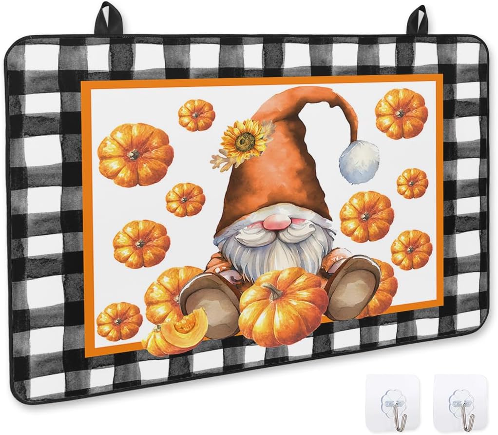 Cubierta de estufa para estufa eléctrica, calabazas de gnomo naranja otoñal, cubierta superior de estufa a cuadros de búfalo negro y blanco para
