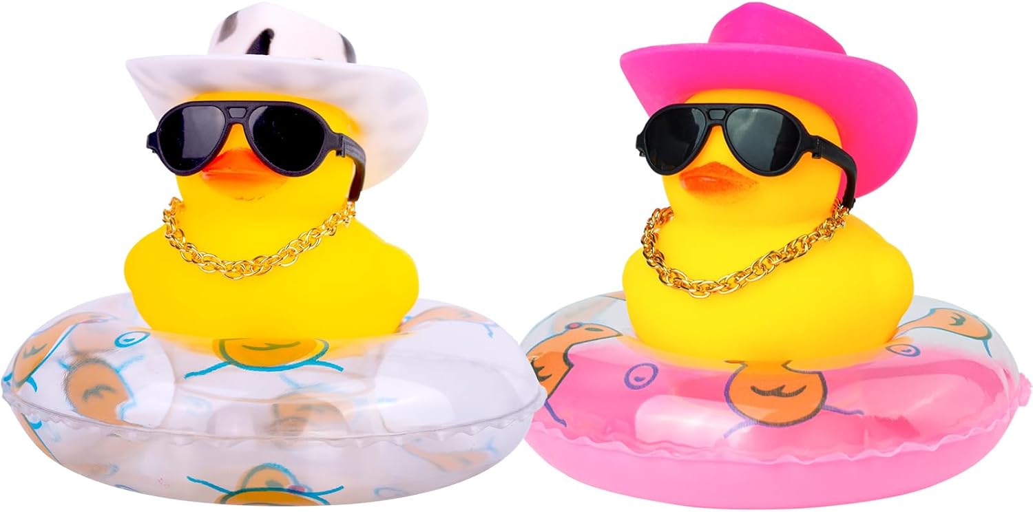 Pato de goma para automóvil, 2 unidades, decoración de tablero de automóvil, pato amarillo, accesorios de decoración de tablero con mini anillo de
