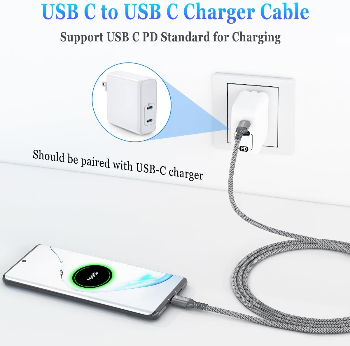 Elebase Paquete de 3 cables USB C a tipo C de 100 W de 3.36.610 pies y 4 adaptadores USB a USB C y cargador tipo C macho a 3.0 hembra para MacBook