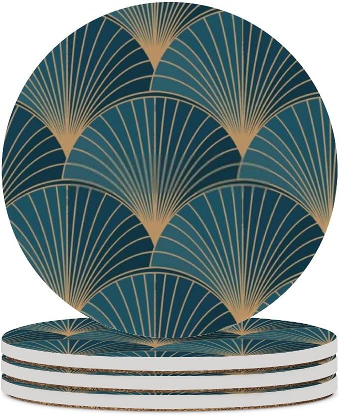 Kuizee Juego de posavasos dorados, estilo Art Deco azul, cerámica, absorbente, apartamento, cocina, habitación, bar, decoración de vasos, base