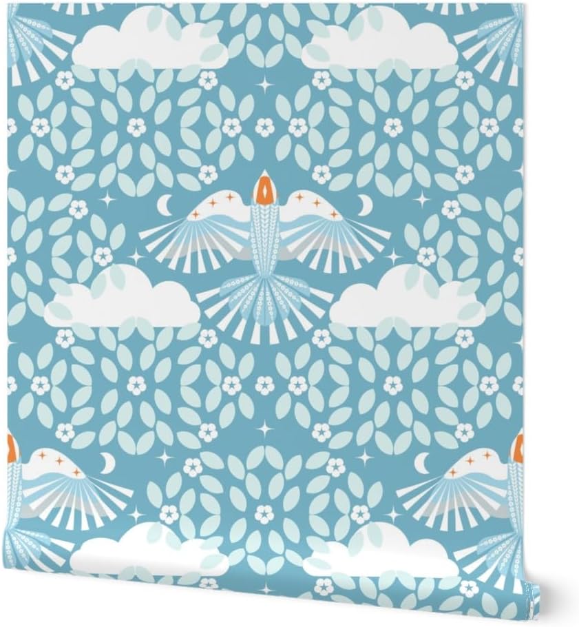 Spoonflower Removable Wallpaper 9ft x 2ft – Blue Sky Folk Art Orange Aqua Maximalist Magic Lucid Dreaming Scandi Scandinavian Mystical Large Custom