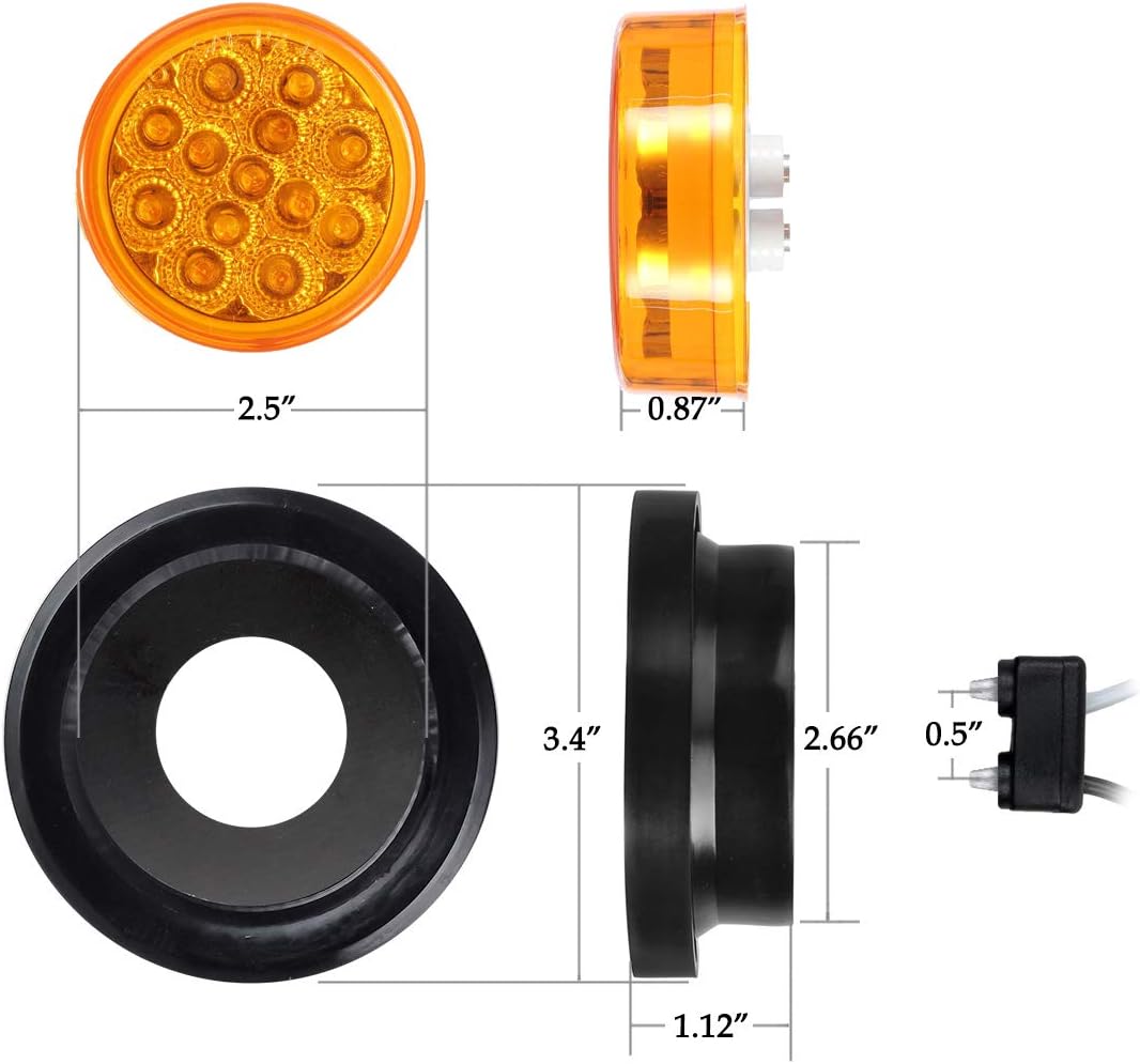 Partsam Juego de 10 luces LED redondas ámbar de 2.5 pulgadas, 13 diodos con ojal de luz y alambre para remolque, remolque, remolque, rv, resistente