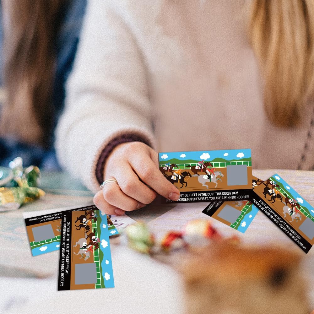 REWIDPARTY Tarjetas de juego para raspar para fiesta de carreras de caballos (32 piezas) Kentucky Horse Derby Scratch Off Tickets Festive Raffle