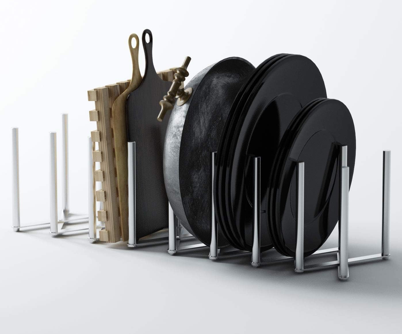 Soporte de placa para ollas y tapas para la cocina de acero inoxidable, 8 secciones, longitud de acordeón ajustable, se puede extender hasta a 30