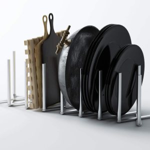 Soporte de placa para ollas y tapas para la cocina de acero inoxidable, 8 secciones, longitud de acordeón ajustable, se puede extender hasta a 30 Soporte de placa para ollas y tapas para la cocina de acero inoxidable, 8 secciones, longitud de acordeón ajustable, se puede extender hasta a 30
